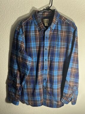 LL Bean Flannel Shirt Men's Large Blue Scotch Plaid #228061 100% Cotton Soft